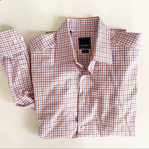 David Donahue Trim Fit Plaid Button Down Shirt Orange Blue Neck 16.5